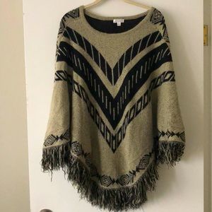 Tan & Black Poncho Sweater w/ Fringe Detail